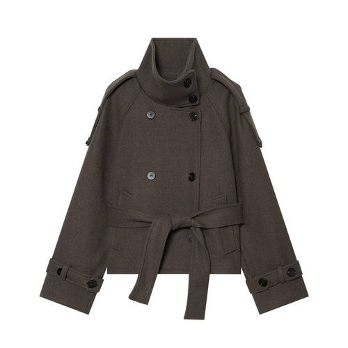 Damen Kurze doppeltreihige Wollmix‑Capejacke mit hohem Stehkragen und Taillengürtel Nord Taschen