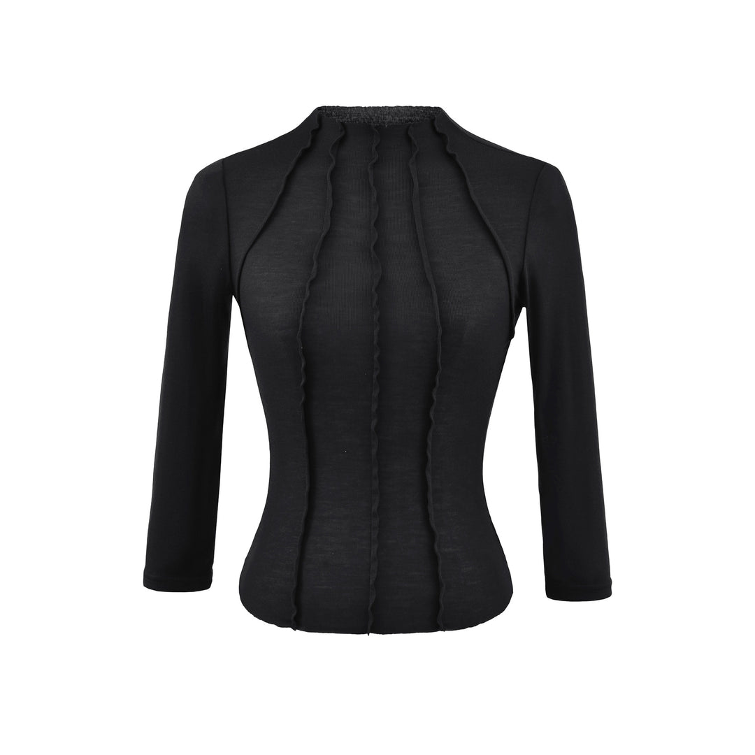 Damen Figurbetontes Langarmshirt mit Stehkragen und Zier-Volants Nord Taschen