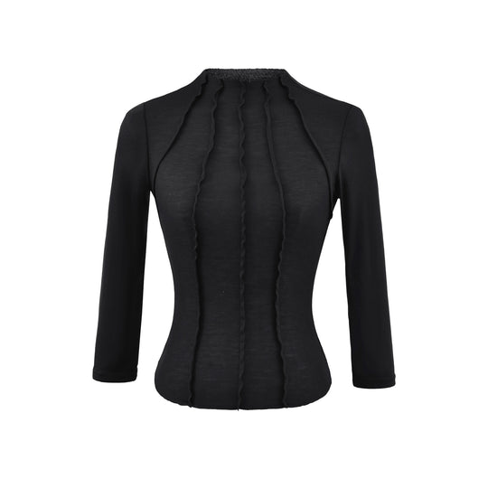 Damen Figurbetontes Langarmshirt mit Stehkragen und Zier-Volants Nord Taschen