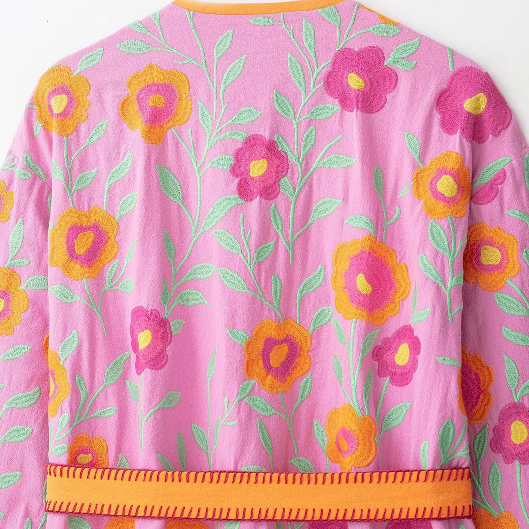 Damen Bestickte Kimono-Jacke mit Taillenbindegürtel und floraler Stickerei Nord Taschen