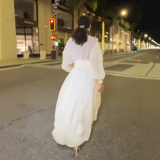 Damen Luftiges Plissiertes Maxikleid mit Ballon‑Saum, V‑Ausschnitt und Schalkragen Nord Taschen
