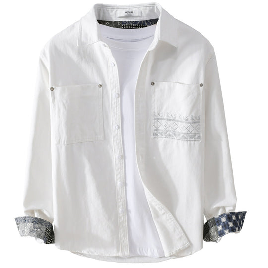 Herren Baumwoll-Overshirt mit Kontrastfutter, Brusttaschen und feiner Stickerei Nord Taschen