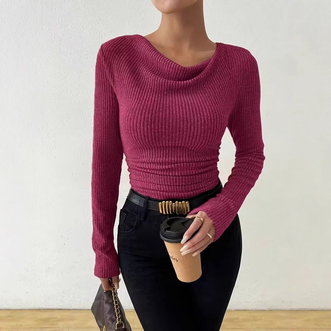 Damen Gerippter Taillierter Feinstrickpullover mit Raffung Nord Taschen