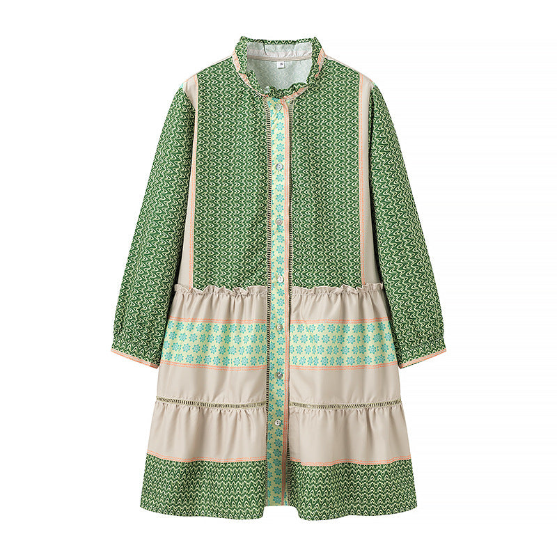 Damen Gemustertes Midilanges Mantelkleid mit Volantkragen und Stufenrock Nord Taschen