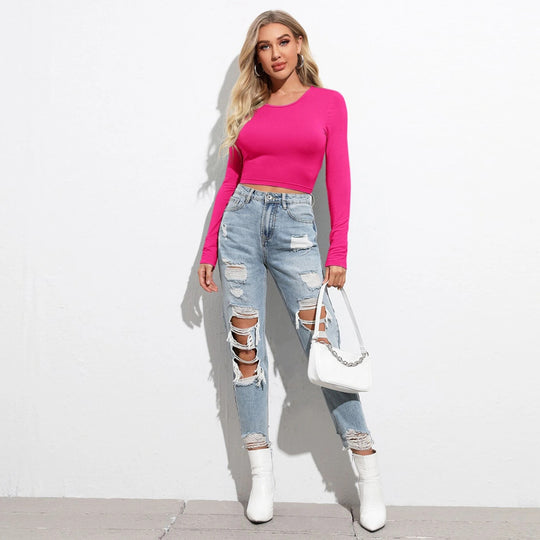 Damen figurbetontes Cropped-Longsleeve mit Sculpting-Passform und Rundhalsausschnitt Nord Taschen