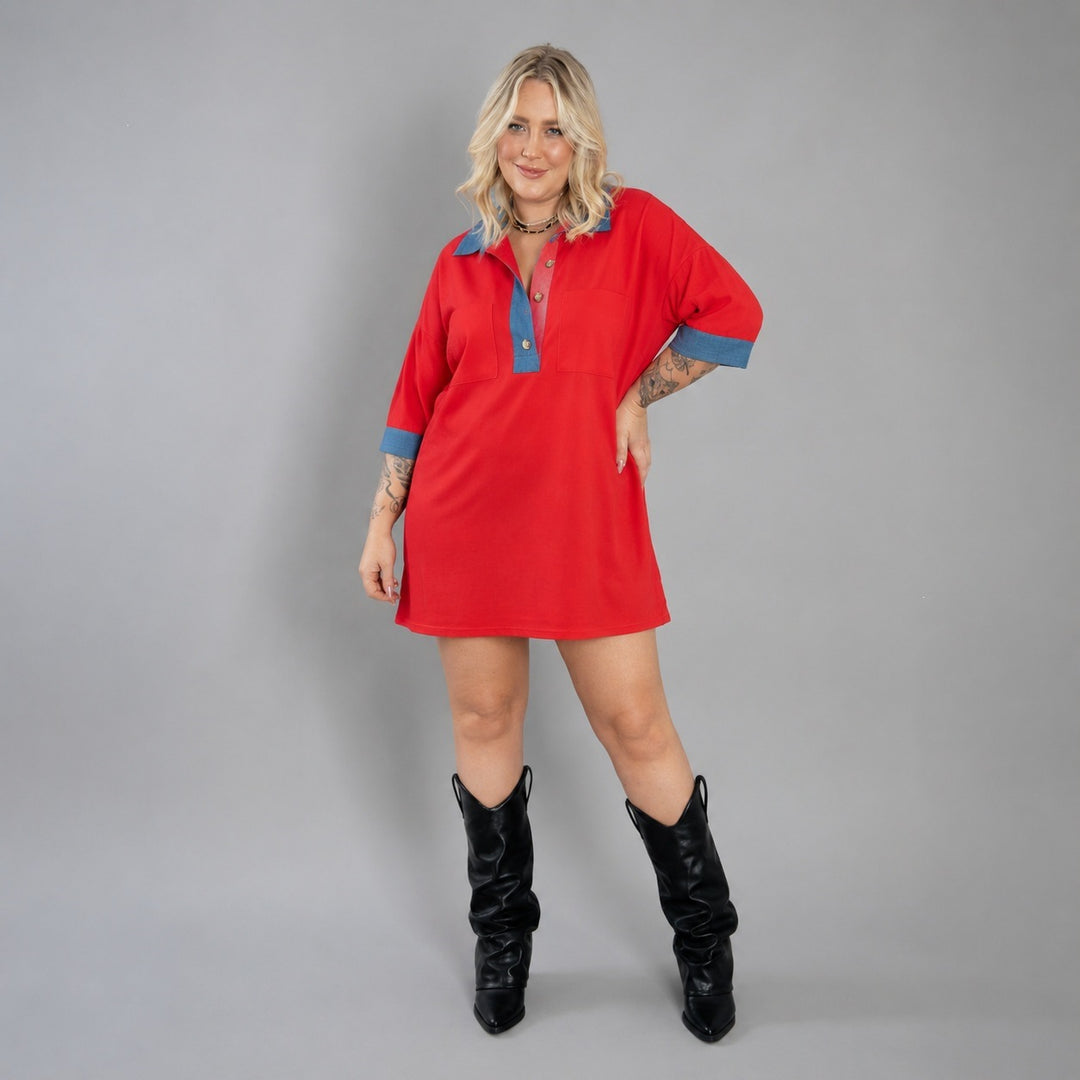 Damen oversized Polo-Tunika mit Kontrastkragen und aufgesetzten Brusttaschen Nord Taschen