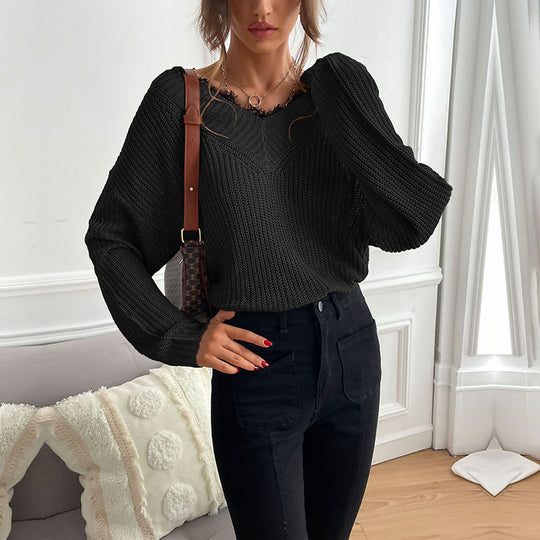 Damen Oversize V-Ausschnitt Strukturstrick-Pullover mit überschnittener Schulter und lockerer Silhouette Nord Taschen