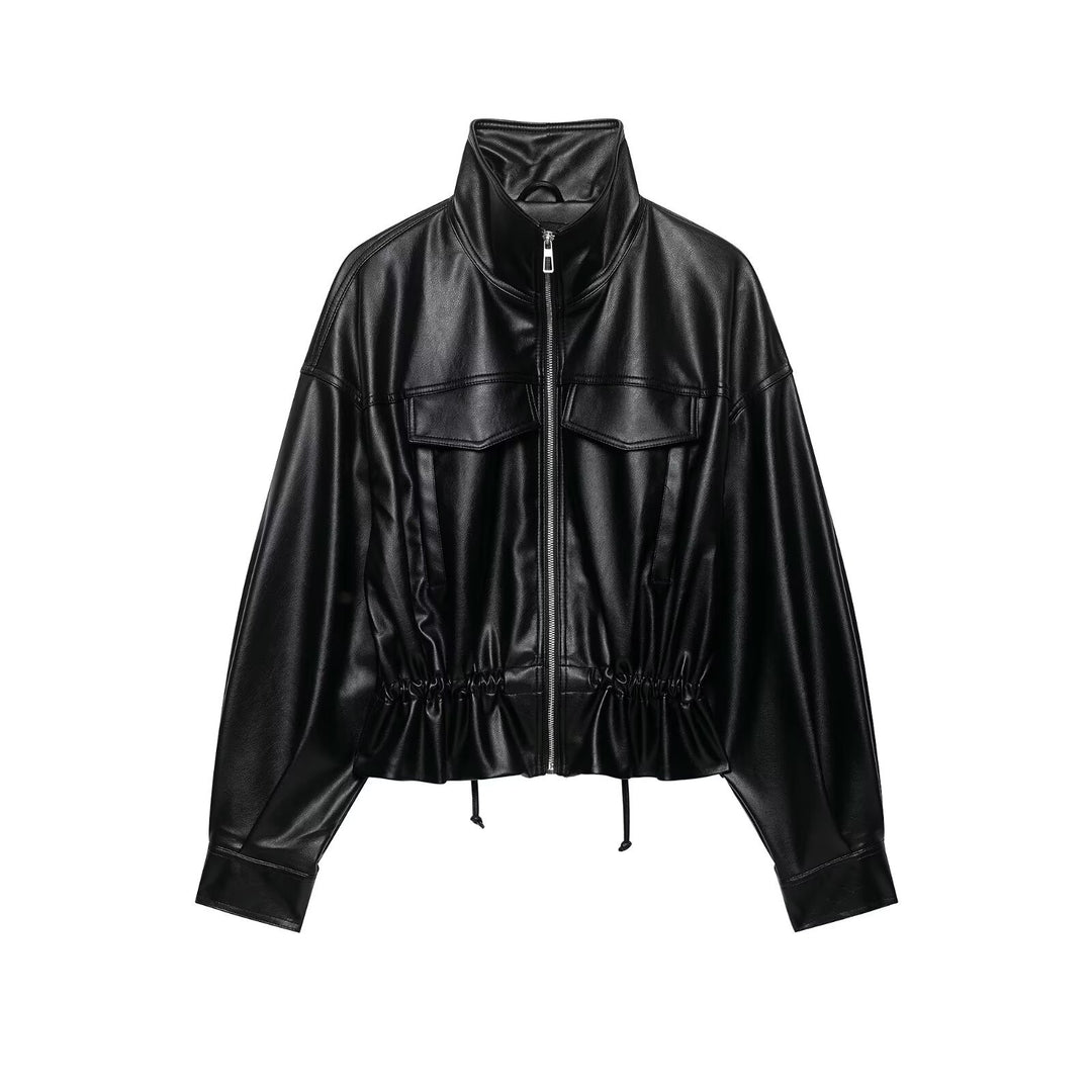 Damen Oversize Kunstleder-Bomberjacke mit Funnelkragen, Tunnelzug-Taille und Pattentaschen Nord Taschen