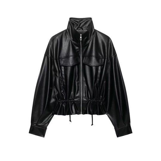 Damen Oversize Kunstleder-Bomberjacke mit Funnelkragen, Tunnelzug-Taille und Pattentaschen Nord Taschen