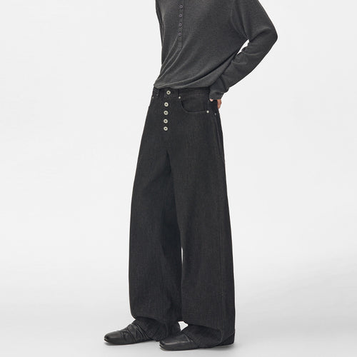 Herren Hochtaillierte weite Denim-Hose mit sichtbarer Knopfleiste und extra langem Saum Nord Taschen
