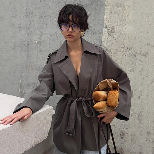 Damen Kurztrenchcoat mit Bindegürtel und Oversize-Ärmeln Nord Taschen