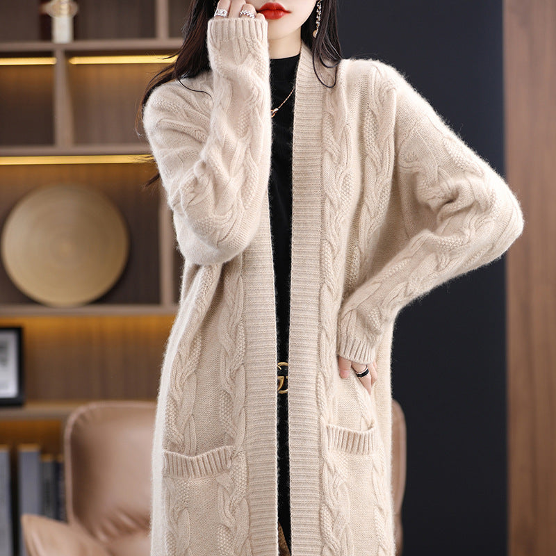 Damen Oversize-Longcardigan aus weichem Wollmix mit kontrastierenden Blockstreifen Nord Taschen