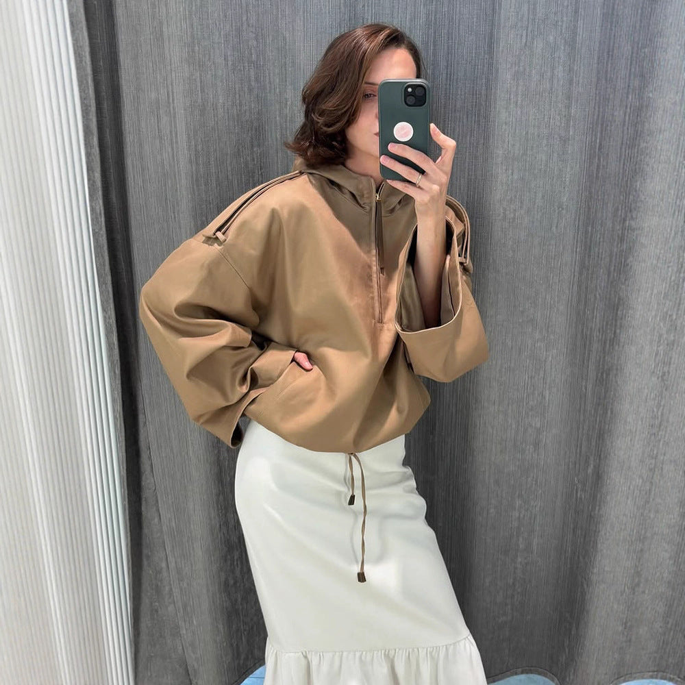 Damen Oversize Kapuzenpullover mit halbem Reißverschluss, Ballonärmeln & Tunnelzug Nord Taschen
