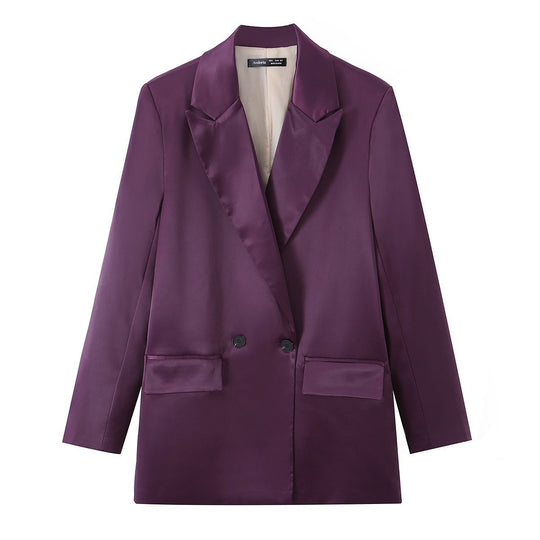 Damen Satin-Longblazer mit doppelreihiger Knopfleiste, Schalkragen und Pattentaschen Nord Taschen