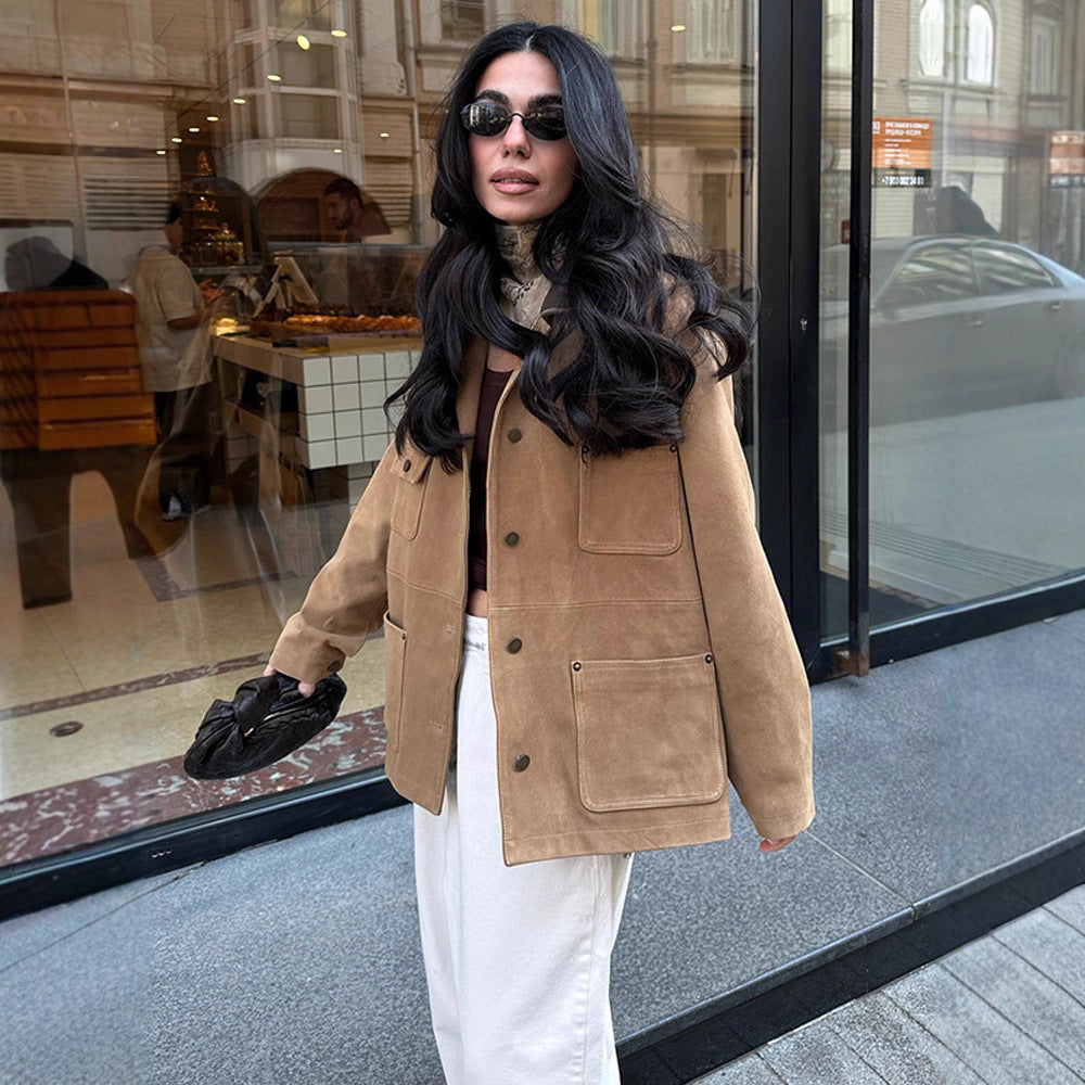 Damen Boxy Kurzjacke aus Veloursleder‑Optik mit Kontrastkragen & Pattentaschen Nord Taschen