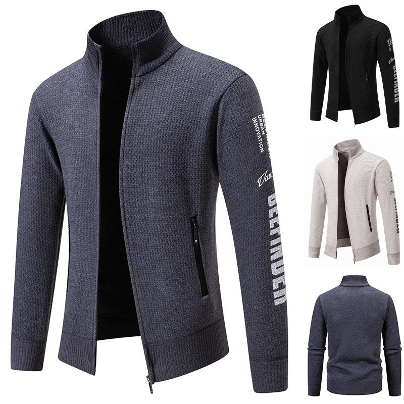 Herren Strukturierte Strickzipjacke mit Waffelstruktur, Stehkragen und Reißverschlusstaschen Nord Taschen