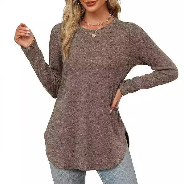 Damen Lässiges Longsleeve-Tunikaoberteil mit Rundhalsausschnitt, Seitenschlitzen und Aquarell-Blattprint Nord Taschen
