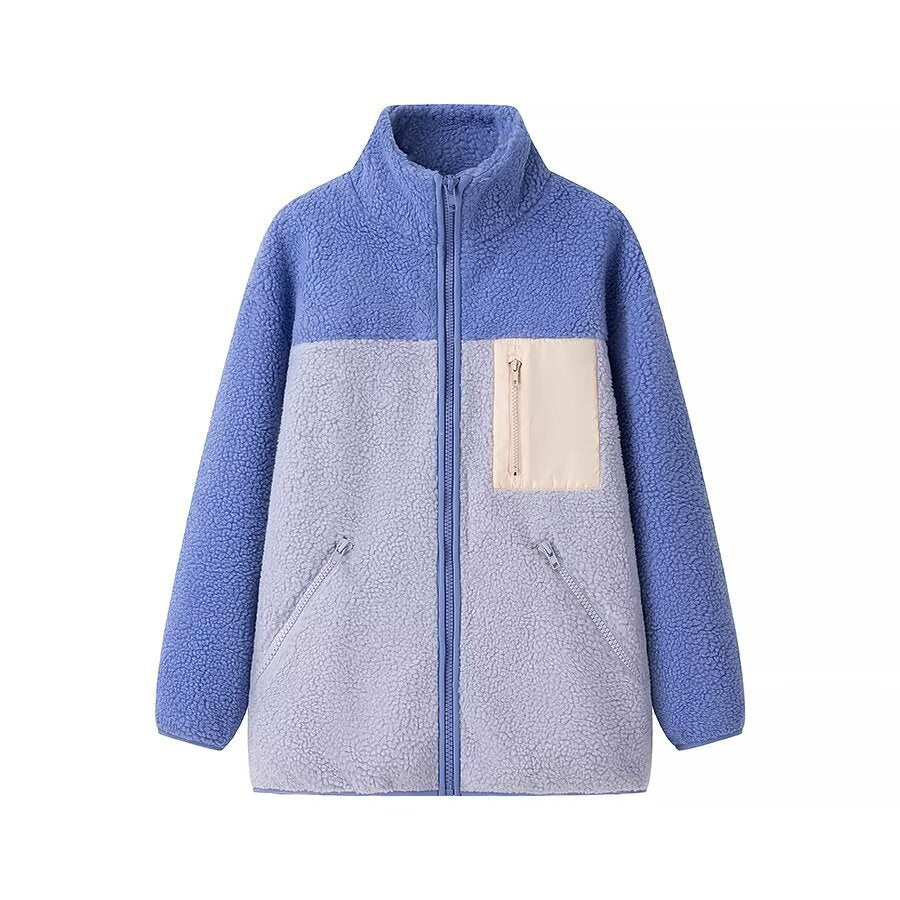 Damen Oversize Teddy‑Fleecejacke mit Farbblock, Stehkragen und Reißverschlusstaschen Nord Taschen