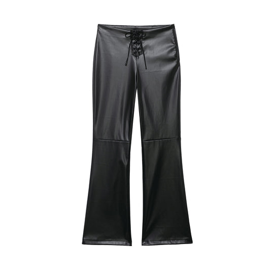 Damen hochgeschnittene ausgestellte Kunstlederhose mit Schnürungsdetail in der Taille Nord Taschen