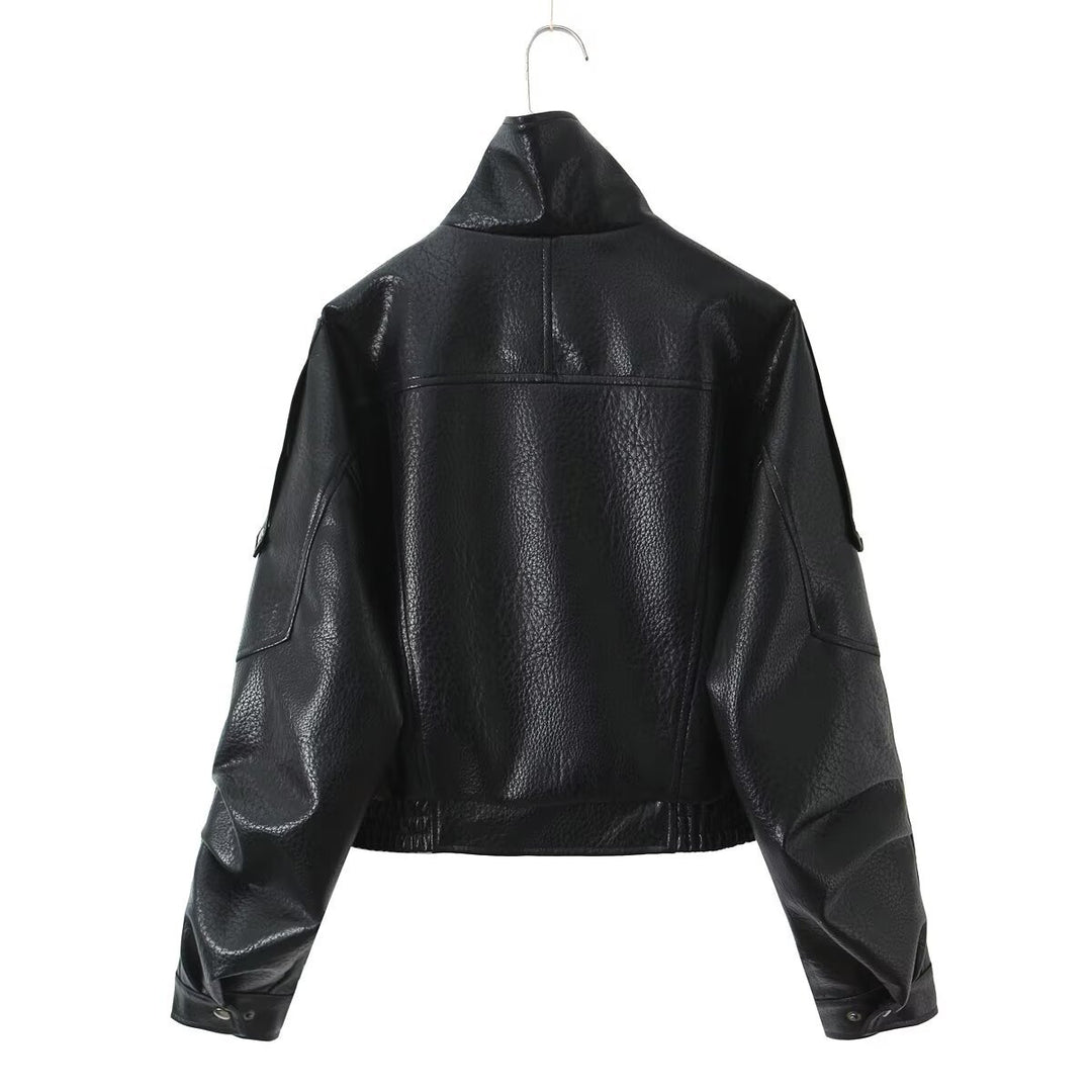 Damen Cropped Bikerblouson aus veganer Lederoptik mit asymmetrischer Frontpatte und Taillenbund Nord Taschen