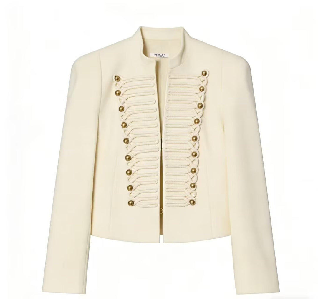Damen Cropped Military-Blazer mit ornamentaler Kordelverzierung und Stehkragen Nord Taschen