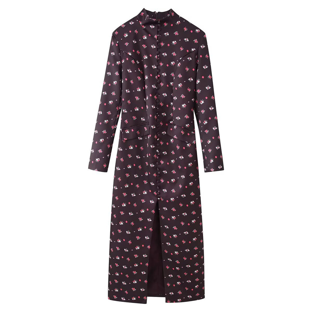 Damen Langärmliges Maxikleid mit Stehkragen, durchgehender Knopfleiste und floralem Alloverprint Nord Taschen