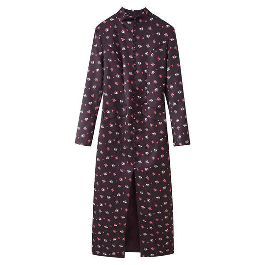 Damen Langärmliges Maxikleid mit Stehkragen, durchgehender Knopfleiste und floralem Alloverprint Nord Taschen
