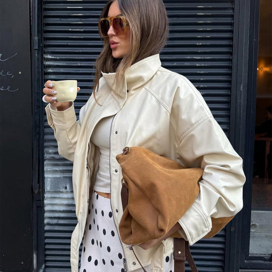 Damen Oversize-Lederimitatjacke mit Stehkragen und Tunnelzug Nord Taschen
