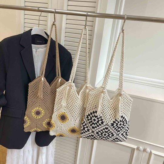 Damen gehäkelte Umhängetasche mit verspielten Sonnenblumenapplikationen Nord Taschen