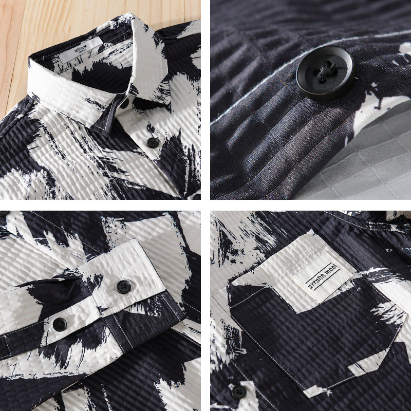 Herren Gekreppte Overshirt‑Hemdjacke mit abstraktem Pinselprint und Brusttasche Nord Taschen