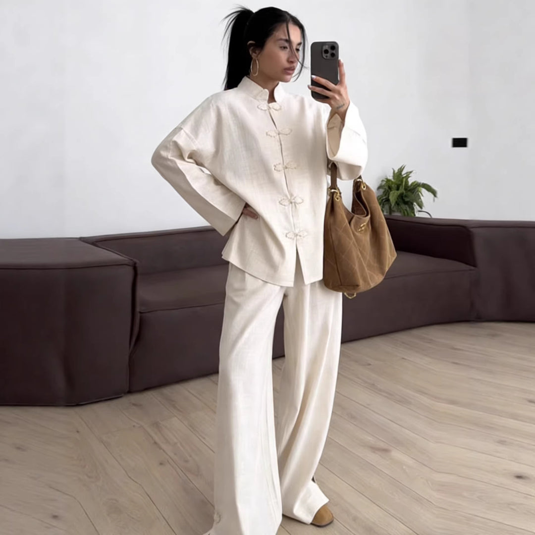 Damen Oversized Mandarinjacke mit Knotenverschlüssen und weitem Arm Nord Taschen