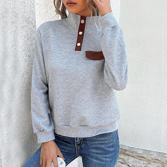 Damen Texturierter Stehkragen-Sweatshirt mit Druckknopf-Leiste und Zierpatte Nord Taschen