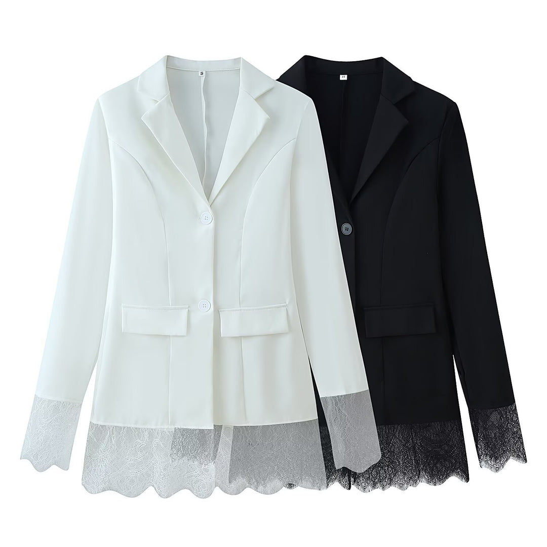 Damen Langblazer mit Spitzenbesatz an Saum und Manschetten, taillierter Schnitt Nord Taschen