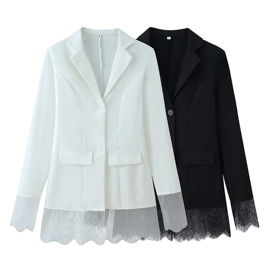 Damen Langblazer mit Spitzenbesatz an Saum und Manschetten, taillierter Schnitt Nord Taschen