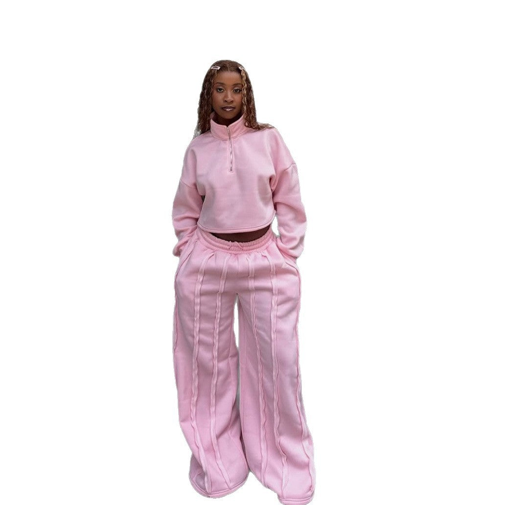 Damen Crop-Halbzip-Sweatshirt und High-Waist Wide-Leg Loungehose Set mit sichtbaren Naht-Details Nord Taschen