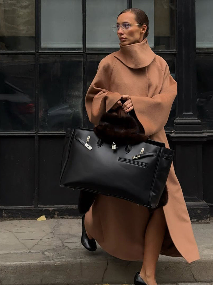 Damen Maxilanger Oversize Wollmix-Mantel mit übergroßem Stehkragen und ballonartigen Ärmeln Nord Taschen