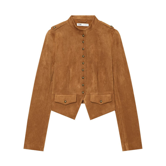 Damen Kurzjacke aus Veloursoptik im Military‑Stil mit Stehkragen und asymmetrischem Saum Nord Taschen