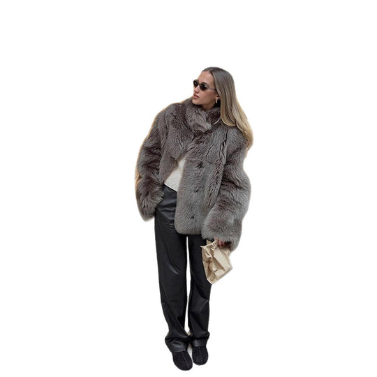 Damen Kurzmantel aus luxuriösem Teddy-Kunstpelz mit Ballonärmeln und Schalkragen Nord Taschen