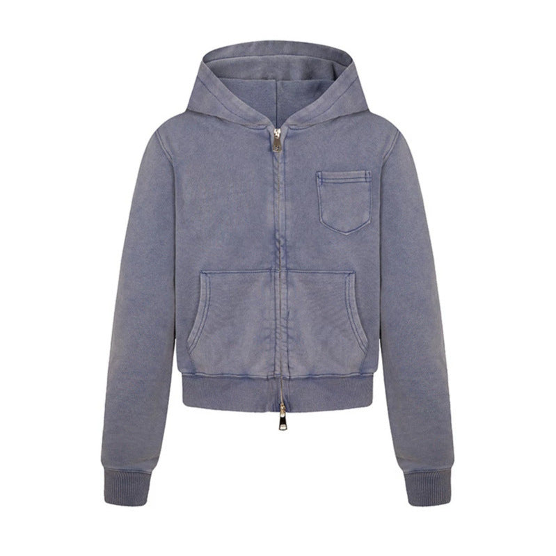 Damen Kurz geschnittene Kapuzen-Zipjacke aus garment-dyed Baumwollfleece mit Brusttasche Nord Taschen