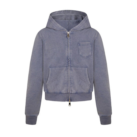 Damen Kurz geschnittene Kapuzen-Zipjacke aus garment-dyed Baumwollfleece mit Brusttasche Nord Taschen