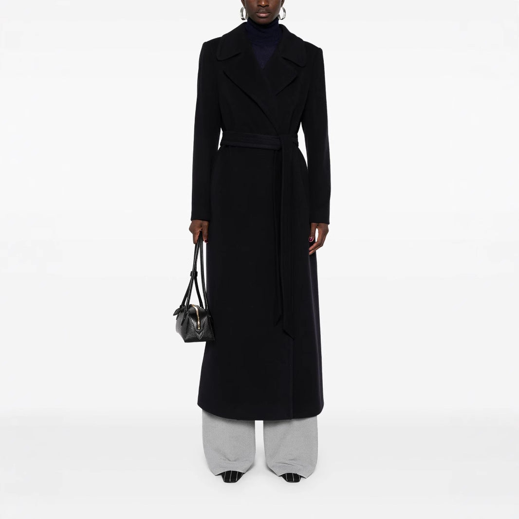 Damen Langer Wickelcoat aus Wollmix mit Bindegürtel und breitem Revers Nord Taschen