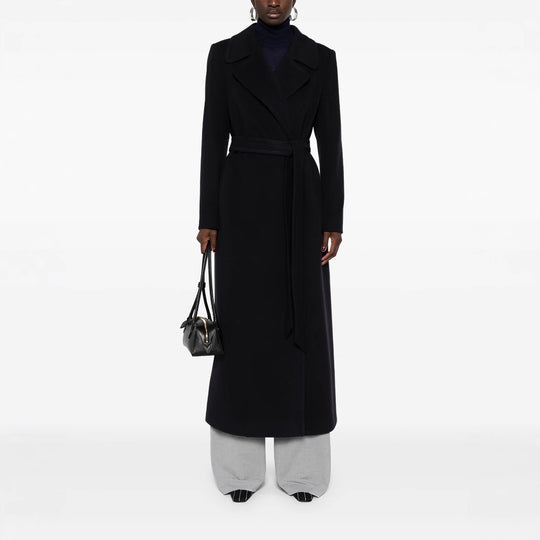 Damen Langer Wickelcoat aus Wollmix mit Bindegürtel und breitem Revers Nord Taschen