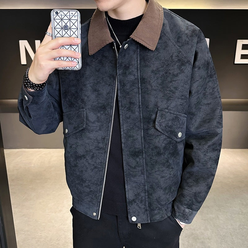 Herren Oversize Utility-Bomberjacke aus Kunstleder mit geripptem Saum und Hemdkragen Nord Taschen