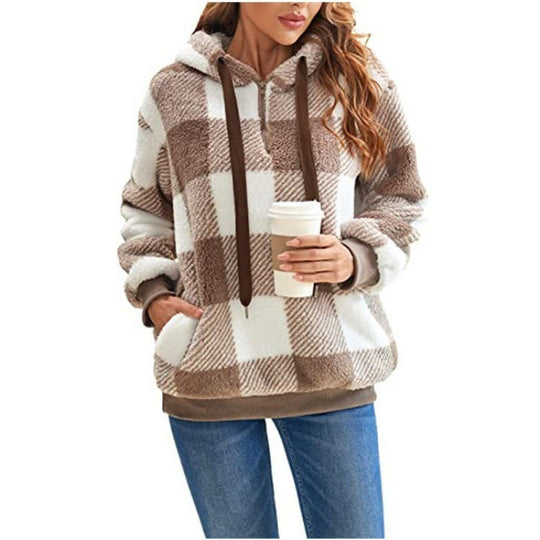 Damen Oversized Sherpa-Hoodie im Karomuster mit halbem Reißverschluss und Kängurutasche Nord Taschen