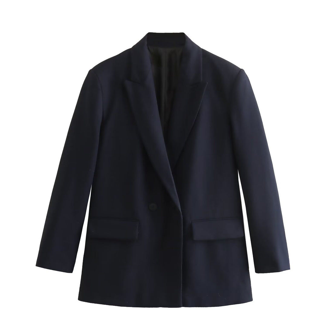 Damen Doppelreihiger Longblazer mit weitem Schalkragen und Pattentaschen Nord Taschen