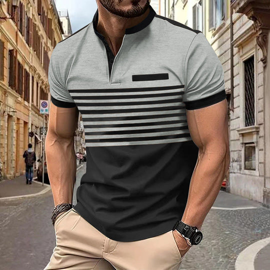 Herren nan kurzärmeliges Streifen-Kurzarmshirt mit Knopfleiste, Stehkragen und Brustpaspel Nord Taschen