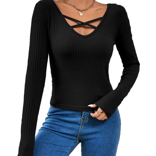 Damen geripptes Langarmshirt mit gekreuztem V‑Ausschnitt, ausgestellten Manschetten und figurbetonter Stretch-Passform Nord Taschen