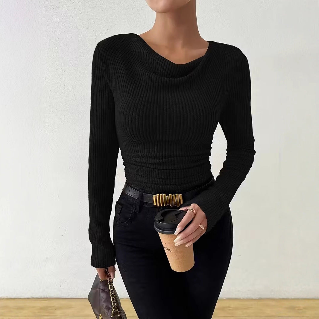 Damen Gerippter Taillierter Feinstrickpullover mit Raffung Nord Taschen