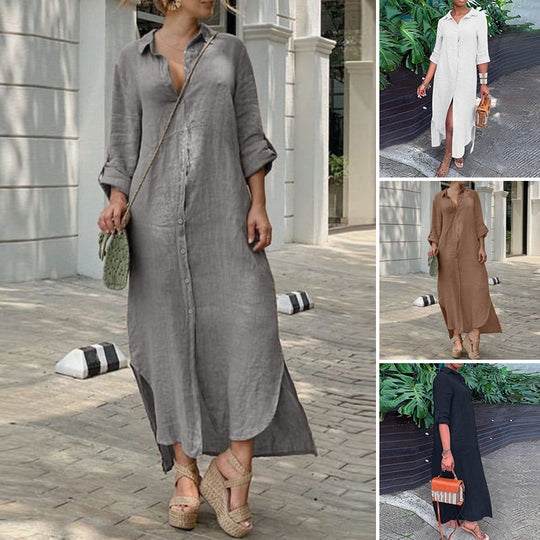 Damen Hemdblusenkleid mit durchgehender Knopfleiste, seitlichen Schlitzen und 3/4-Ärmeln Nord Taschen