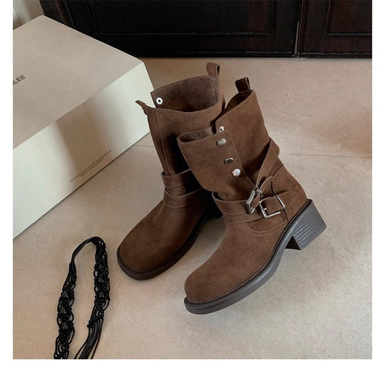 Damen Veloursleder-Bikerstiefel mit Schnallen und mittlerem Blockabsatz Nord Taschen
